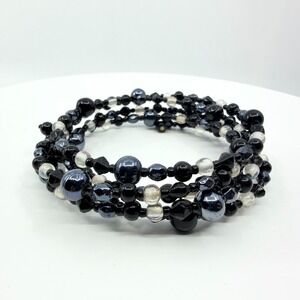 Vintage Y2K Black Gunmetal Beaded Multi-Layer Wrap Memory Wire Bracelet